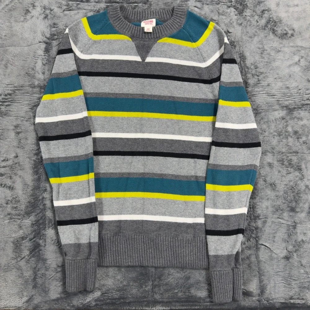 Mossimo Mens Small Striped Cotton‎ Crewneck Sweater Grey Teal Neon Yellow